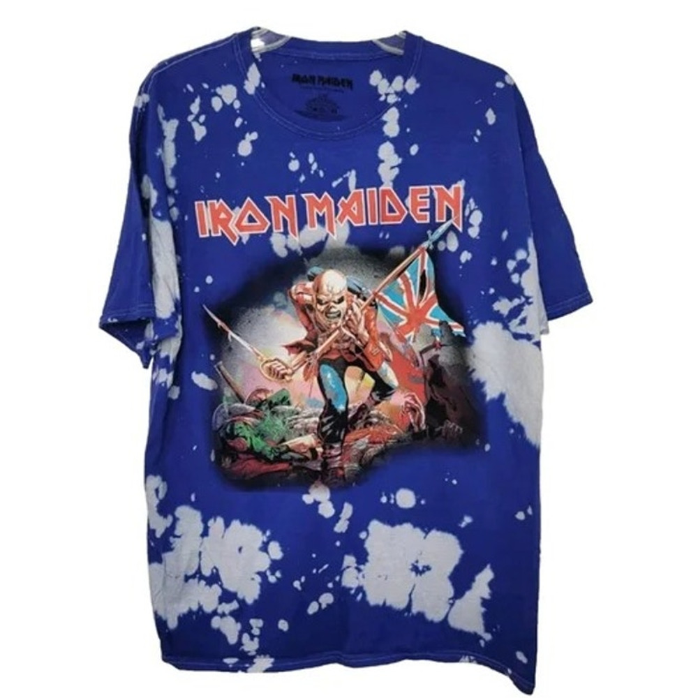 Iron Maiden Vintage Style Graphic Art Tye Dye Short Sleeve Shirt L Blue White